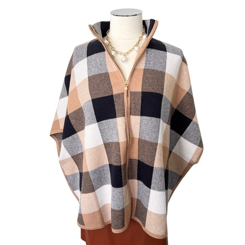 TAHARI Plaid Check Poncho Full Zipper Cardigan Tan Blue Cream Sz Small / Medium